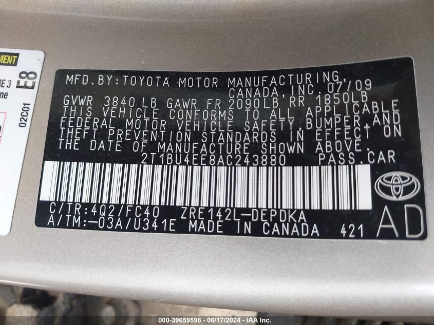 2010 Toyota Corolla Le VIN: 2T1BU4EE8AC243880 Lot: 39659598