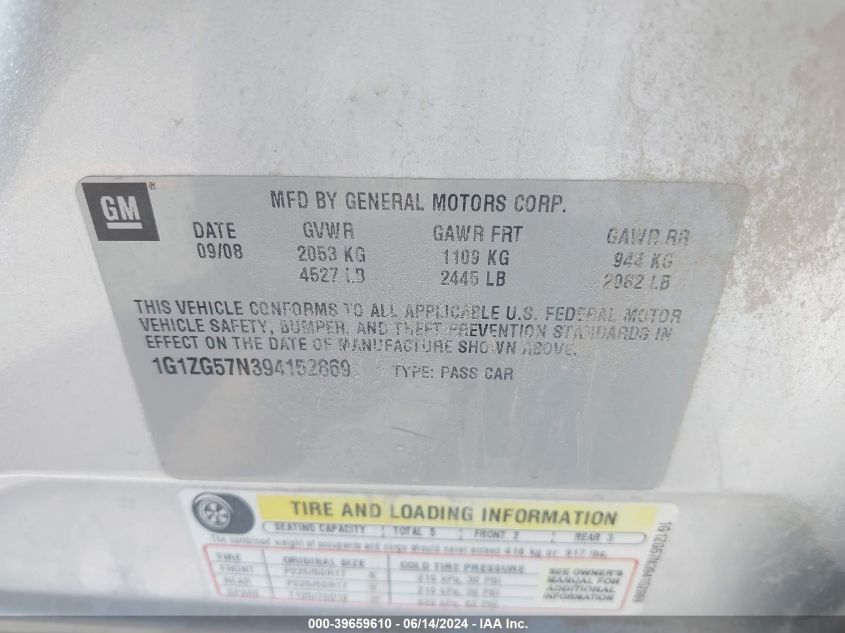 2009 Chevrolet Malibu Ls VIN: 1G1ZG57N394152869 Lot: 39659610