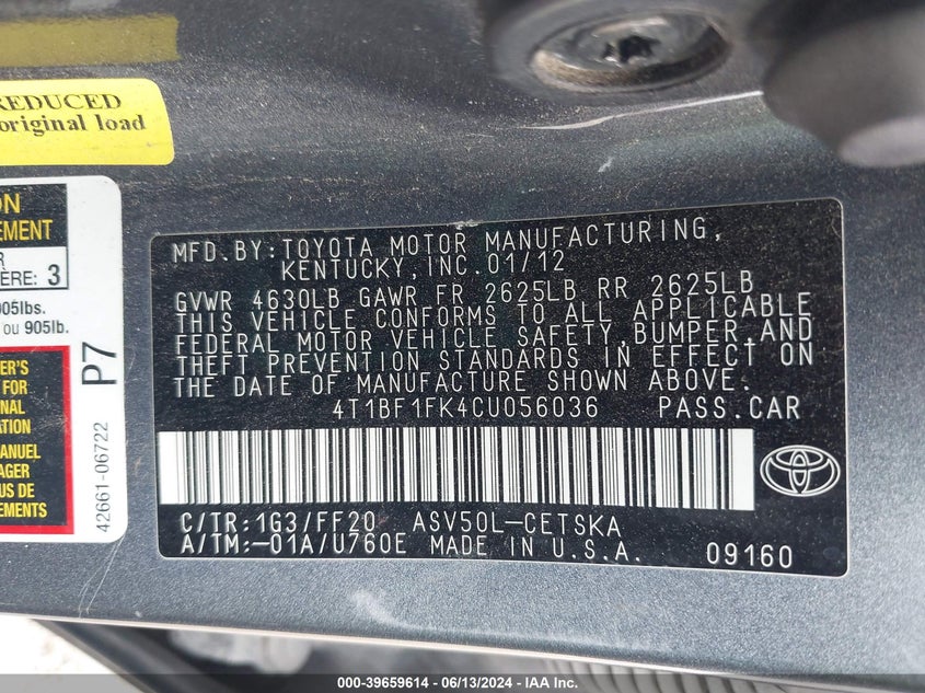 2012 Toyota Camry Se VIN: 4T1BF1FK4CU056036 Lot: 39659614