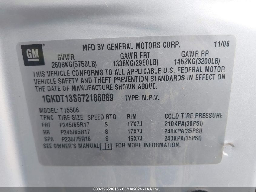 2007 GMC Envoy Sle VIN: 1GKDT13S672186089 Lot: 39659615