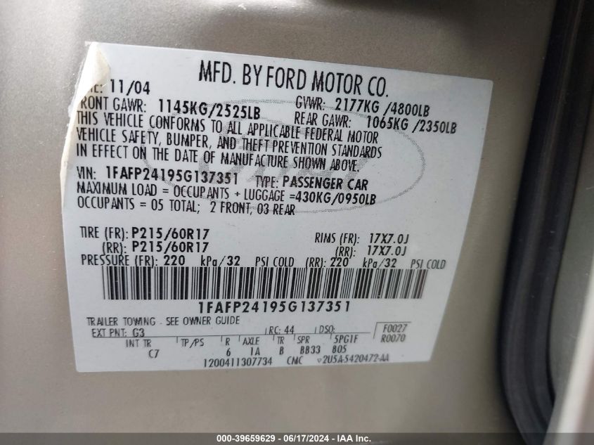 2005 Ford Five Hundred Sel VIN: 1FAFP24195G137351 Lot: 39659629