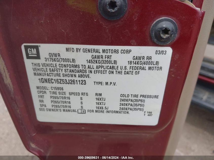 2003 Chevrolet Suburban 1500 Lt VIN: 1GNEC16Z53J261123 Lot: 39659631