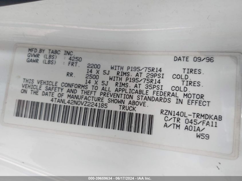 1997 Toyota Tacoma VIN: 4TANL42N0VZ224185 Lot: 39659634