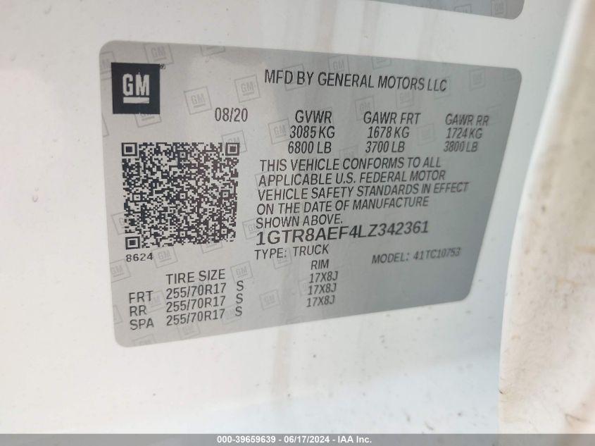 2020 GMC Sierra 1500 2Wd Double Cab Standard Box VIN: 1GTR8AEF4LZ342361 Lot: 39659639