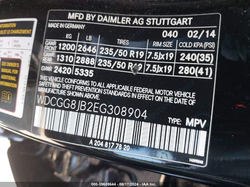 2014 Mercedes-Benz Glk 350 4Matic VIN: WDCGG8JB2EG308904 Lot: 39659644