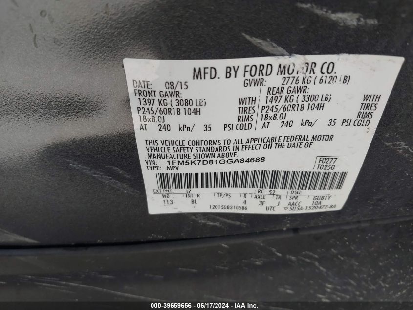 2016 Ford Explorer Xlt VIN: 1FM5K7D81GGA84688 Lot: 39659656