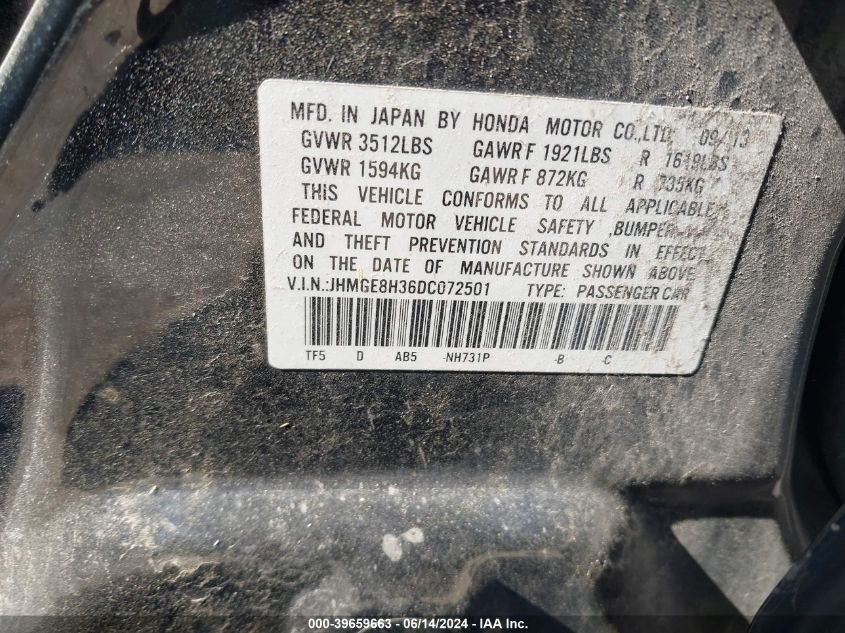 2013 Honda Fit VIN: JHMGE8H36DC072501 Lot: 39659663