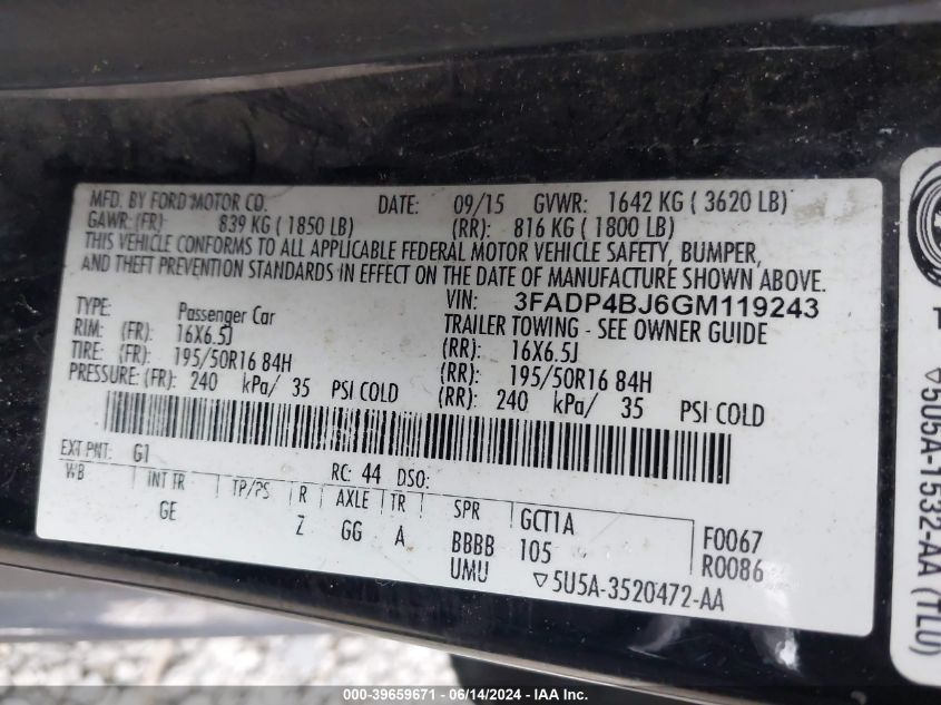 2016 Ford Fiesta Se VIN: 3FADP4BJ6GM119243 Lot: 39659671