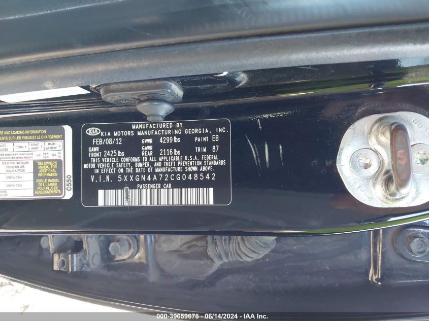 2012 Kia Optima Ex VIN: 5XXGN4A72CG048542 Lot: 39659678