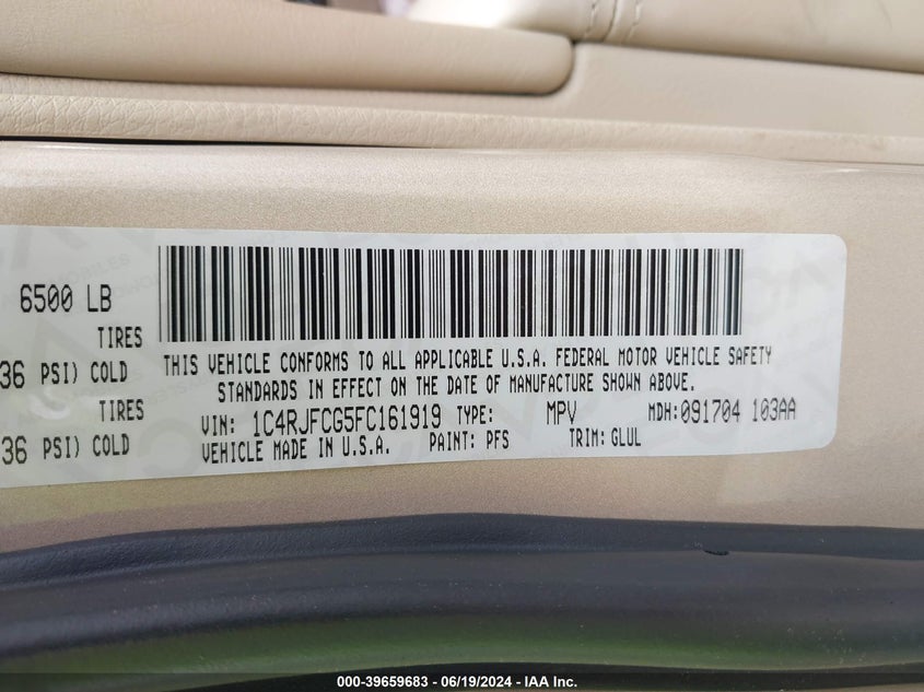 2015 Jeep Grand Cherokee Overland VIN: 1C4RJFCG5FC161919 Lot: 39659683