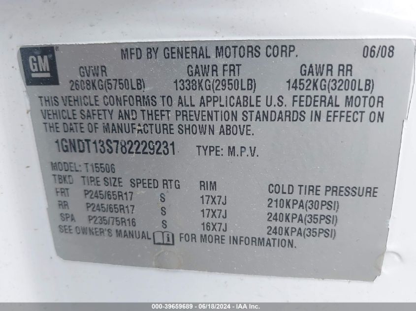 2008 Chevrolet Trailblazer Fleet VIN: 1GNDT13S782229231 Lot: 39659689