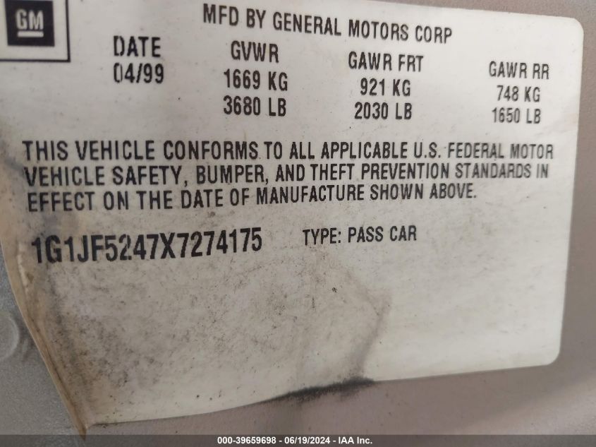 1999 Chevrolet Cavalier Ls VIN: 1G1JF5247X7274175 Lot: 39659698