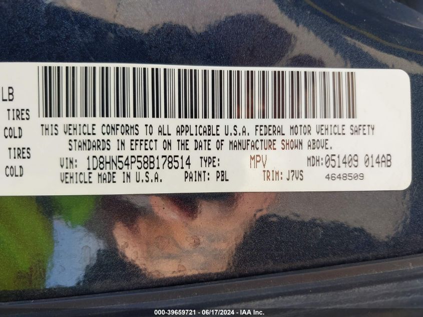 2008 Dodge Grand Caravan Sxt VIN: 1D8HN54P58B178514 Lot: 39659721