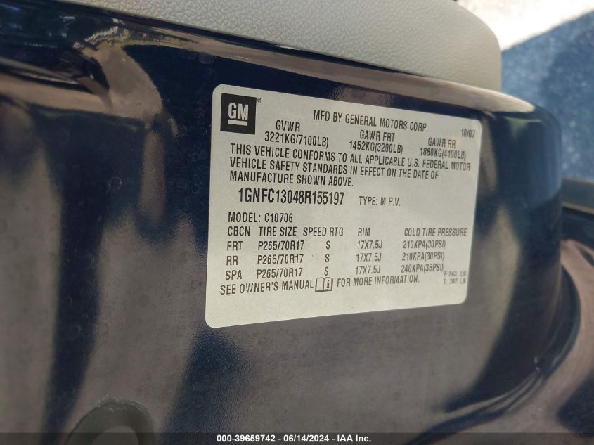 2008 Chevrolet Tahoe Lt VIN: 1GNFC13048R155197 Lot: 39659742