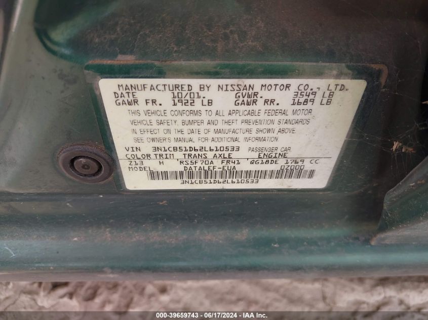 2002 Nissan Sentra Gxe VIN: 3N1CB51D62L610533 Lot: 39659743