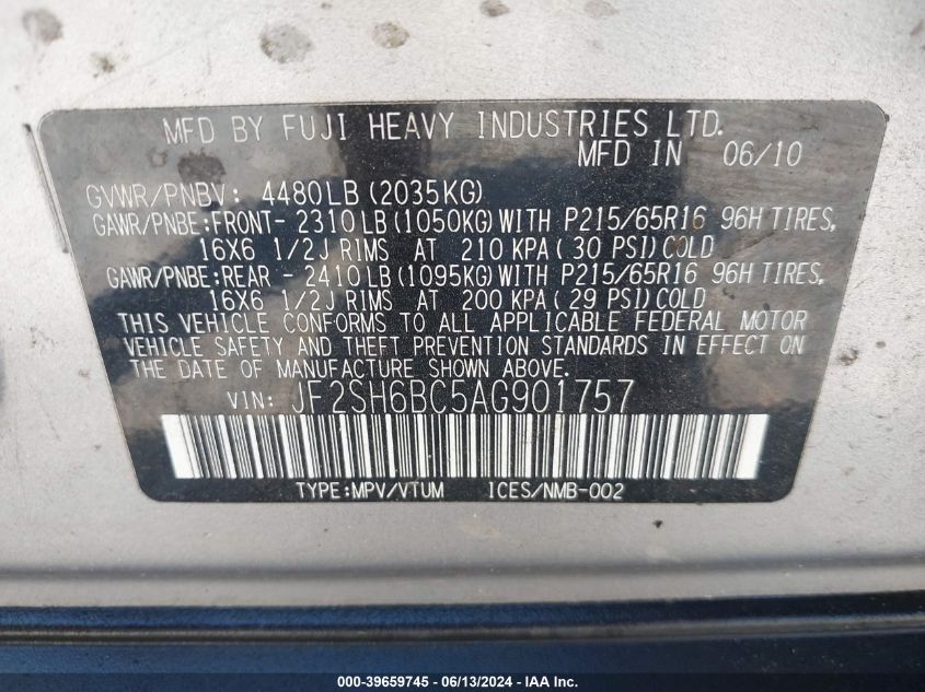 2010 Subaru Forester 2.5X VIN: JF2SH6BC5AG901757 Lot: 39659745