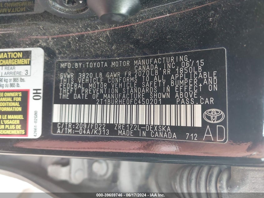 2015 Toyota Corolla S Plus VIN: 2T1BURHE0FC450201 Lot: 39659746