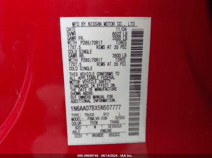 2005 Nissan Titan Le VIN: 1N6AA07BX5N507777 Lot: 39659748