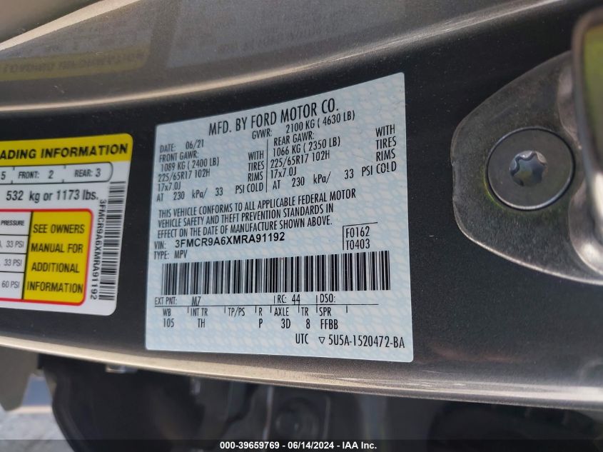 2021 Ford Bronco Sport VIN: 3FMCR9A6XMRA91192 Lot: 39659769