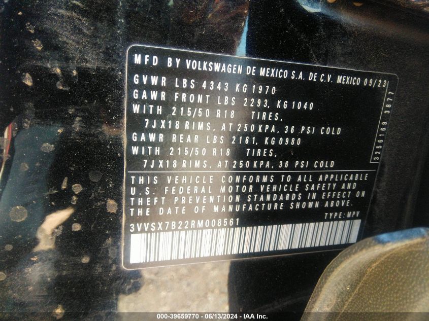 2024 Volkswagen Taos 1.5T Se VIN: 3VVSX7B22RM008561 Lot: 39659770
