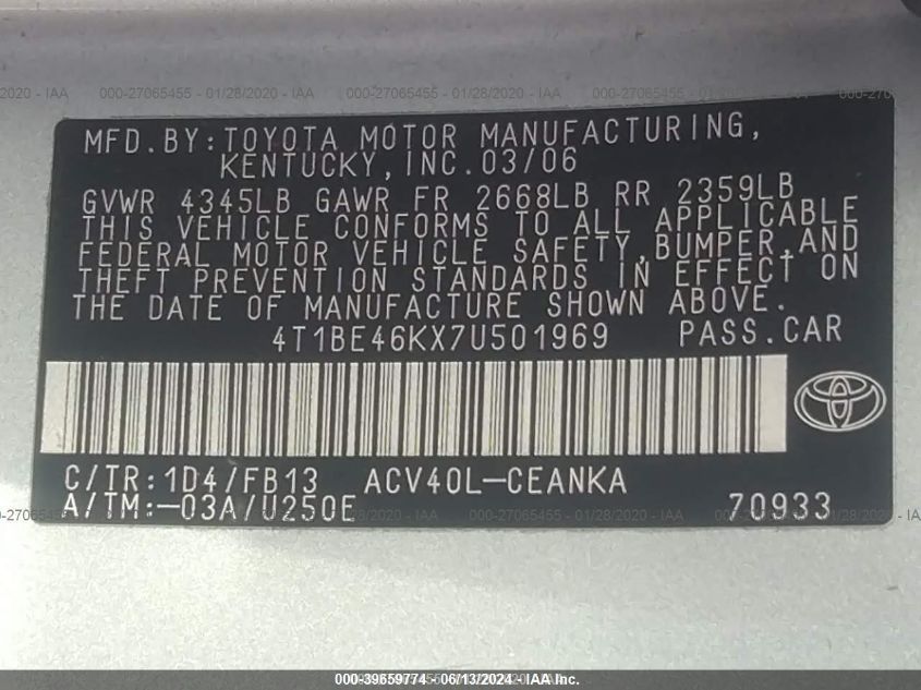 2007 Toyota Camry Ce/Le/Se/Xle VIN: 4T1BE46KX7U501969 Lot: 39659774