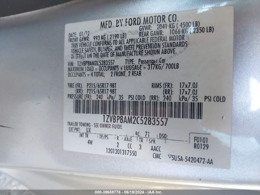 2012 Ford Mustang V6 Premium VIN: 1ZVBP8AM2C5283557 Lot: 39659776