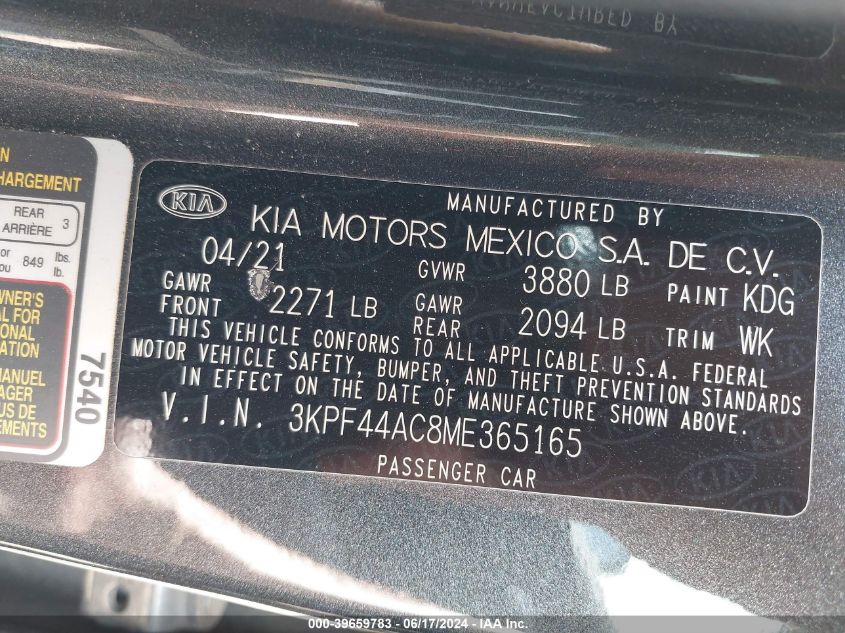 2021 Kia Forte Gt Manual VIN: 3KPF44AC8ME365165 Lot: 39659783