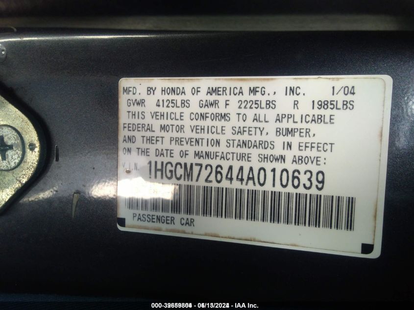 2004 Honda Accord 2.4 Ex VIN: 1HGCM72644A010639 Lot: 39659804