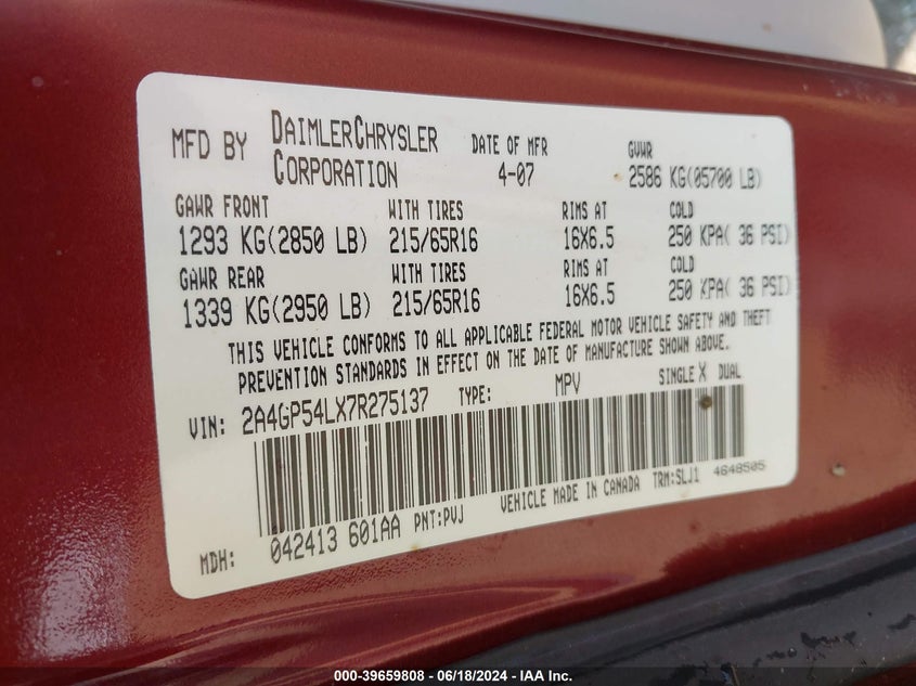 2007 Chrysler Town & Country Touring VIN: 2A4GP54LX7R275137 Lot: 39659808