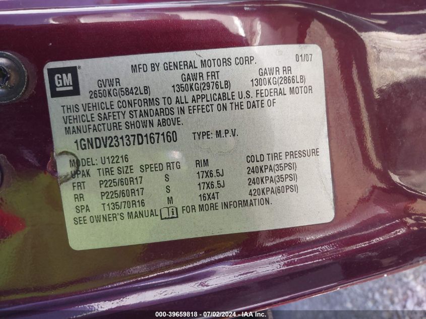 2007 Chevrolet Uplander Ls VIN: 1GNDV23137D167160 Lot: 39659818