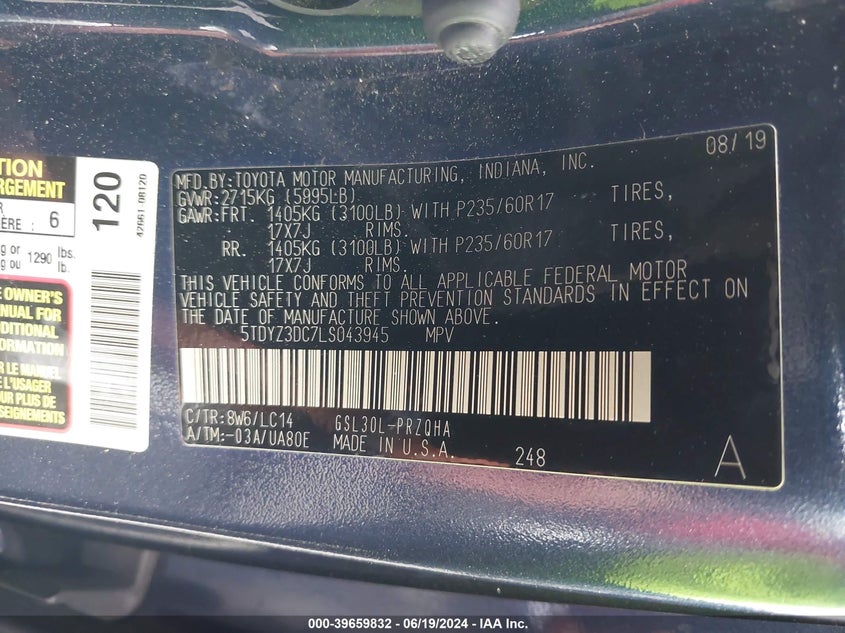 2020 Toyota Sienna Xle VIN: 5TDYZ3DC7LS043945 Lot: 39659832