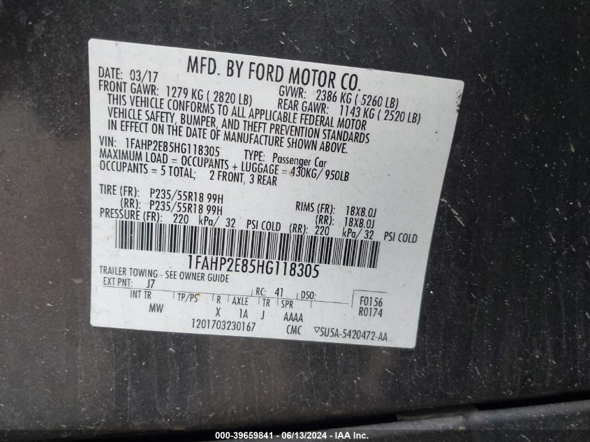 1FAHP2E85HG118305 2017 Ford Taurus Sel