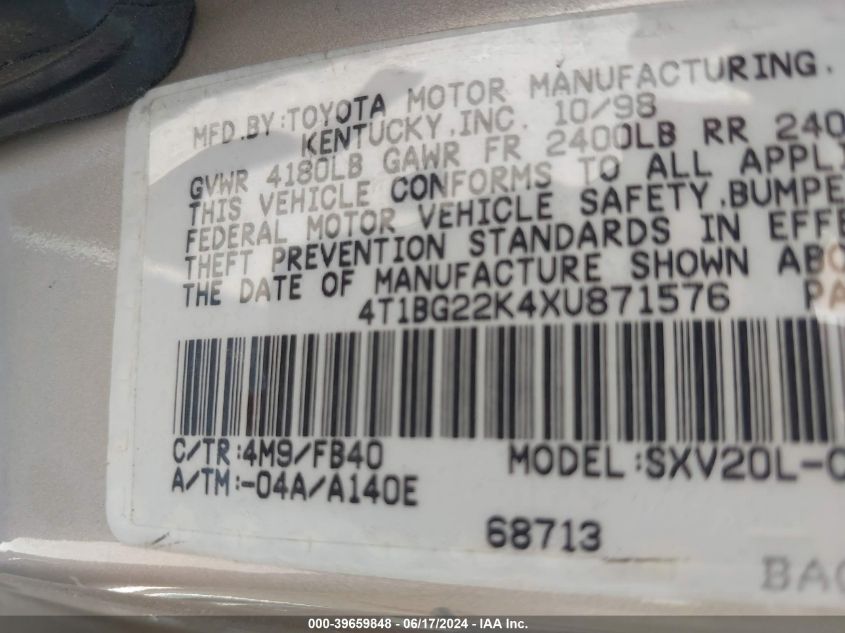 1999 Toyota Camry Le VIN: 4T1BG22K4XU871576 Lot: 39659848