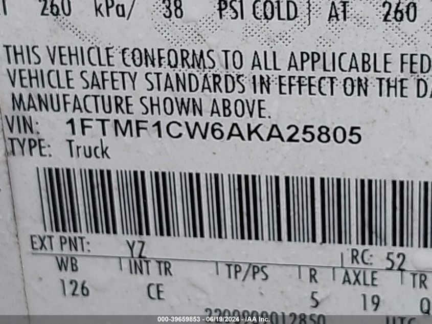 2010 Ford F150 VIN: 1FTMF1CW6AKA25805 Lot: 39659853