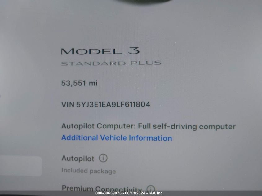 2020 Tesla Model 3 Standard Range Plus Rear-Wheel Drive/Standard Range Rear-Wheel Drive VIN: 5YJ3E1EA9LF611804 Lot: 39659875