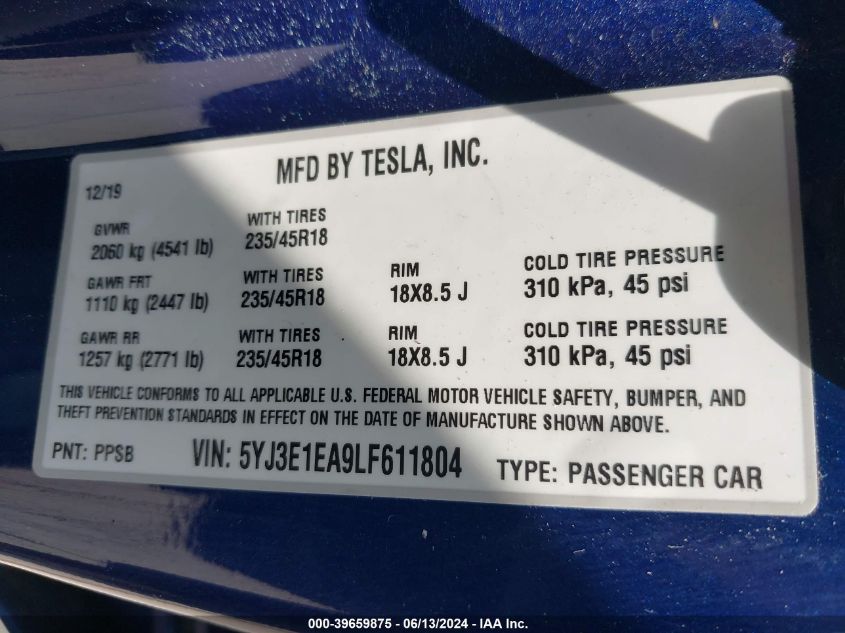 2020 Tesla Model 3 Standard Range Plus Rear-Wheel Drive/Standard Range Rear-Wheel Drive VIN: 5YJ3E1EA9LF611804 Lot: 39659875