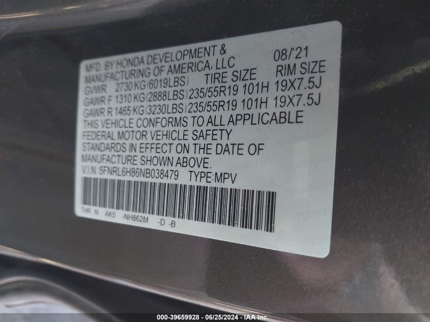 2022 Honda Odyssey Touring VIN: 5FNRL6H86NB038479 Lot: 39659928