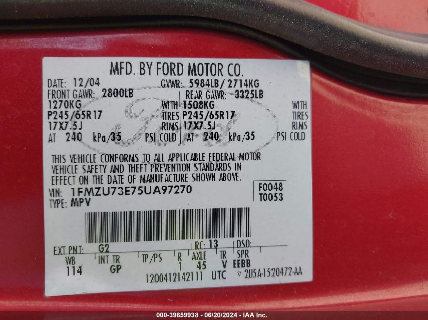 2005 Ford Explorer Xlt/Xlt Sport VIN: 1FMZU73E75UA97270 Lot: 39659938