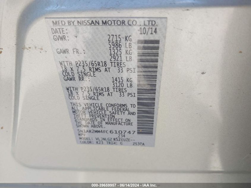 2015 Nissan Pathfinder Sl VIN: 5N1AR2MM4FC610747 Lot: 39659957