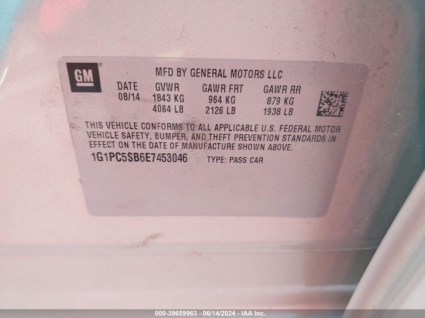 2014 Chevrolet Cruze 1Lt Auto VIN: 1G1PC5SB6E7453046 Lot: 39659963