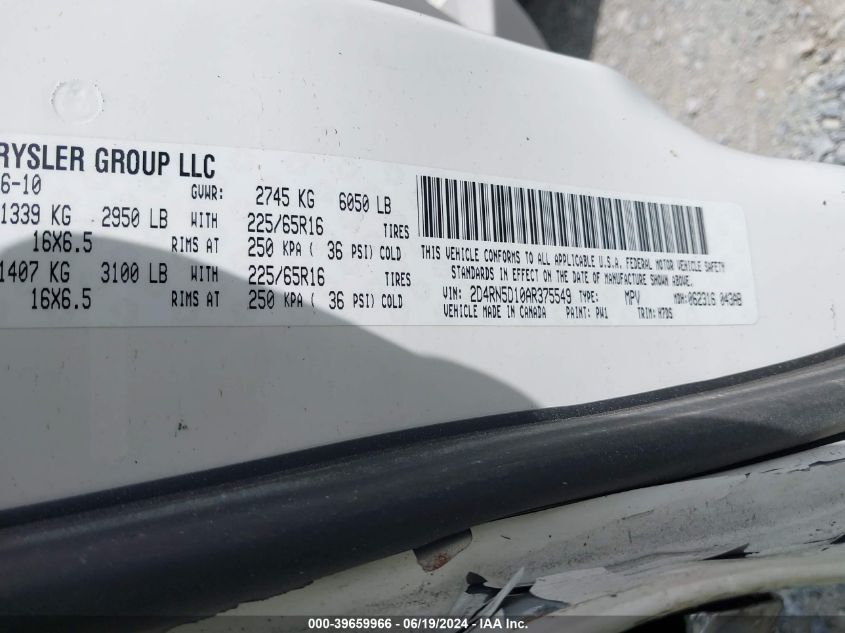 2010 Dodge Grand Caravan Sxt VIN: 2D4RN5D10AR375549 Lot: 39659966