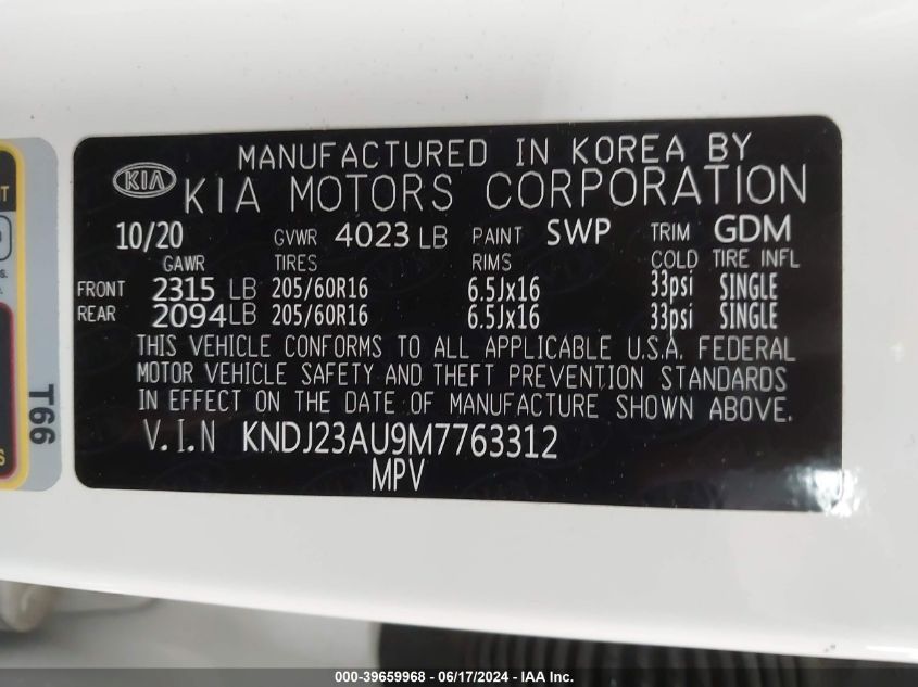 2021 Kia Soul Lx VIN: KNDJ23AU9M7763312 Lot: 39659968