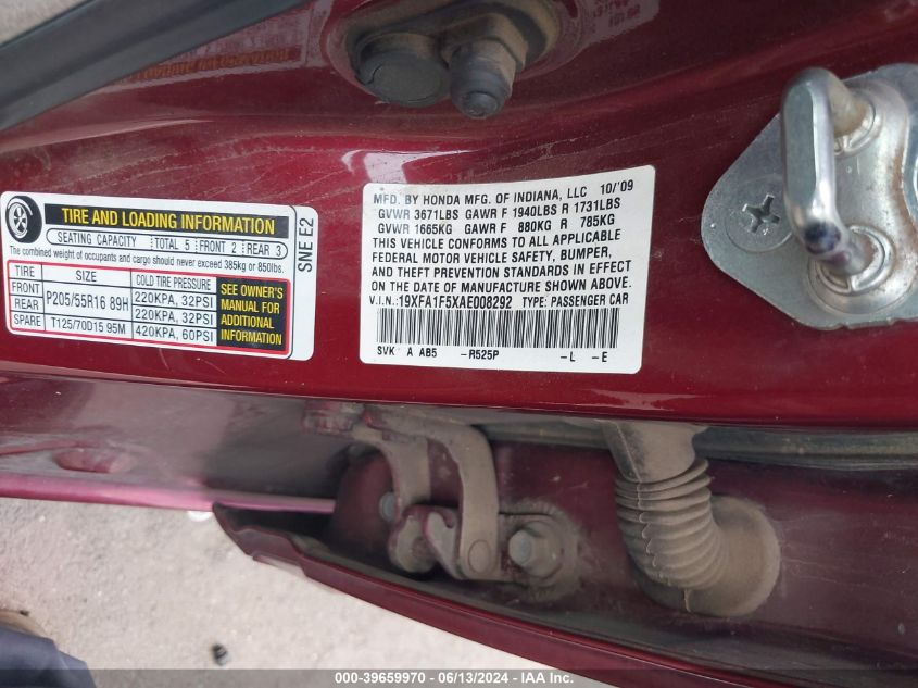 2010 Honda Civic Lx VIN: 19XFA1F5XAE008292 Lot: 39659970