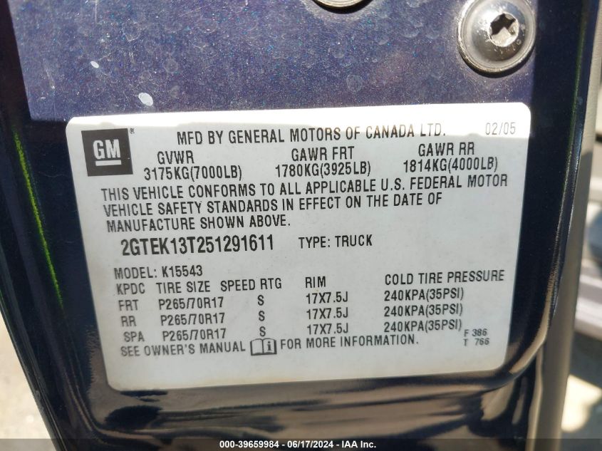 2005 GMC Sierra 1500 Sle VIN: 2GTEK13T251291611 Lot: 39659984