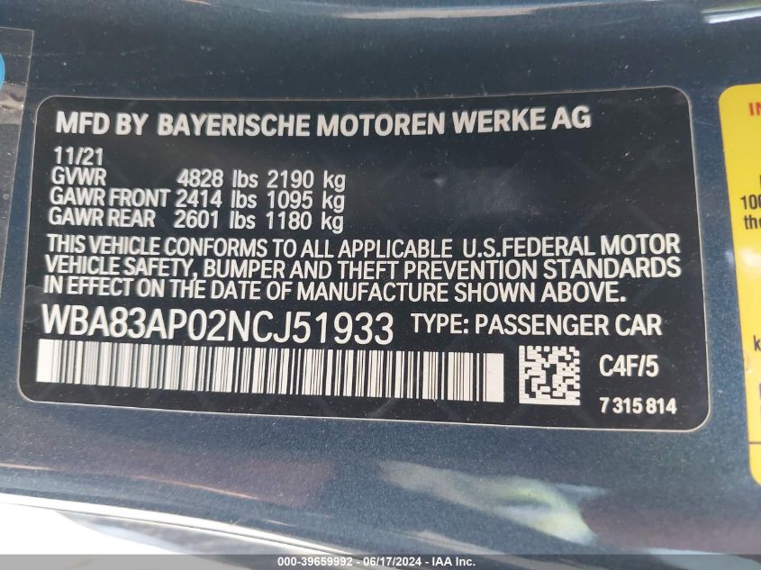 WBA83AP02NCJ51933 2022 BMW M440I