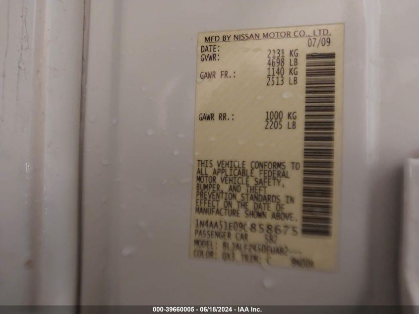 2009 Nissan Maxima 3.5 Sv VIN: 1N4AA51E09C858675 Lot: 39660005