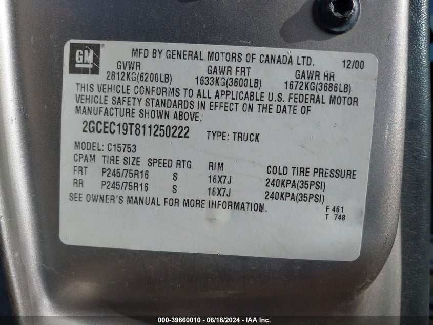 2001 Chevrolet Silverado 1500 Ls VIN: 2GCEC19T811250222 Lot: 39660010