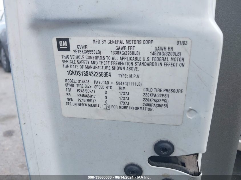 2003 GMC Envoy Sle VIN: 1GKDS13S432258954 Lot: 39660033