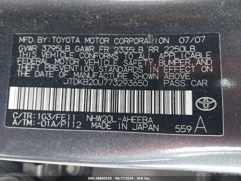 2007 Toyota Prius VIN: JTDKB20U773293650 Lot: 39660039