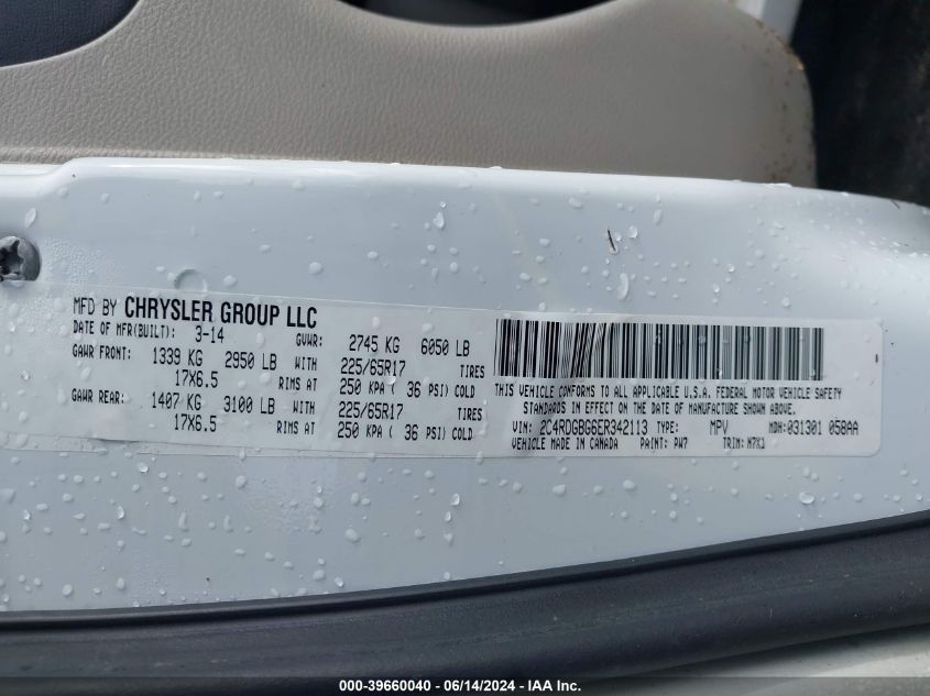 2014 Dodge Grand Caravan Se 30Th Anniversary VIN: 2C4RDGBG6ER342113 Lot: 39660040